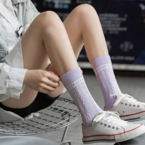 新款潮袜纯棉紫色系袜子女香芋紫色中筒袜学院风高筒袜条纹格子袜