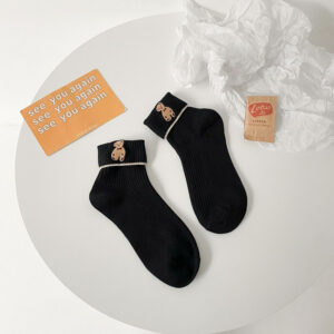 女裝日韓潮流春夏可愛小熊圖案刺繡低筒襪