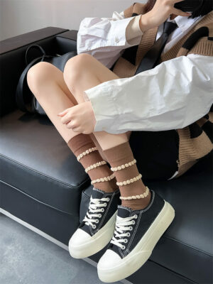 女士日式春夏泡泡橫間中筒襪 18